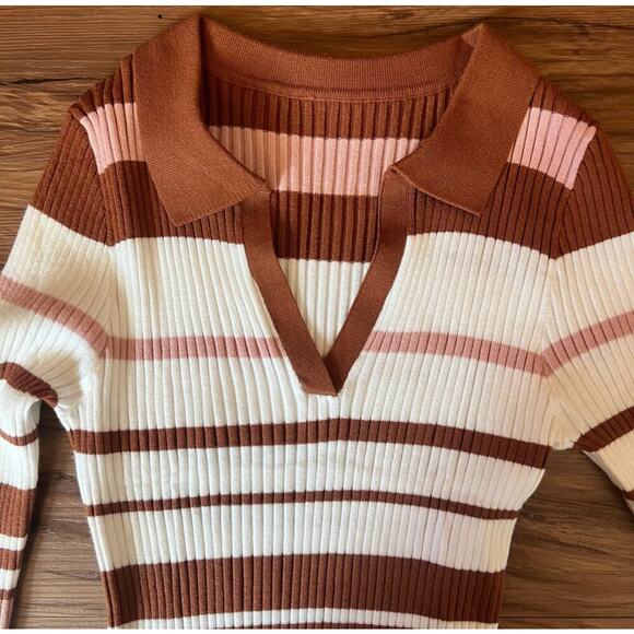 Brown White Pink Ribbed Striped Sweater Dress V-Neck Collared Bodycon Size XL - Picture 8 of 12